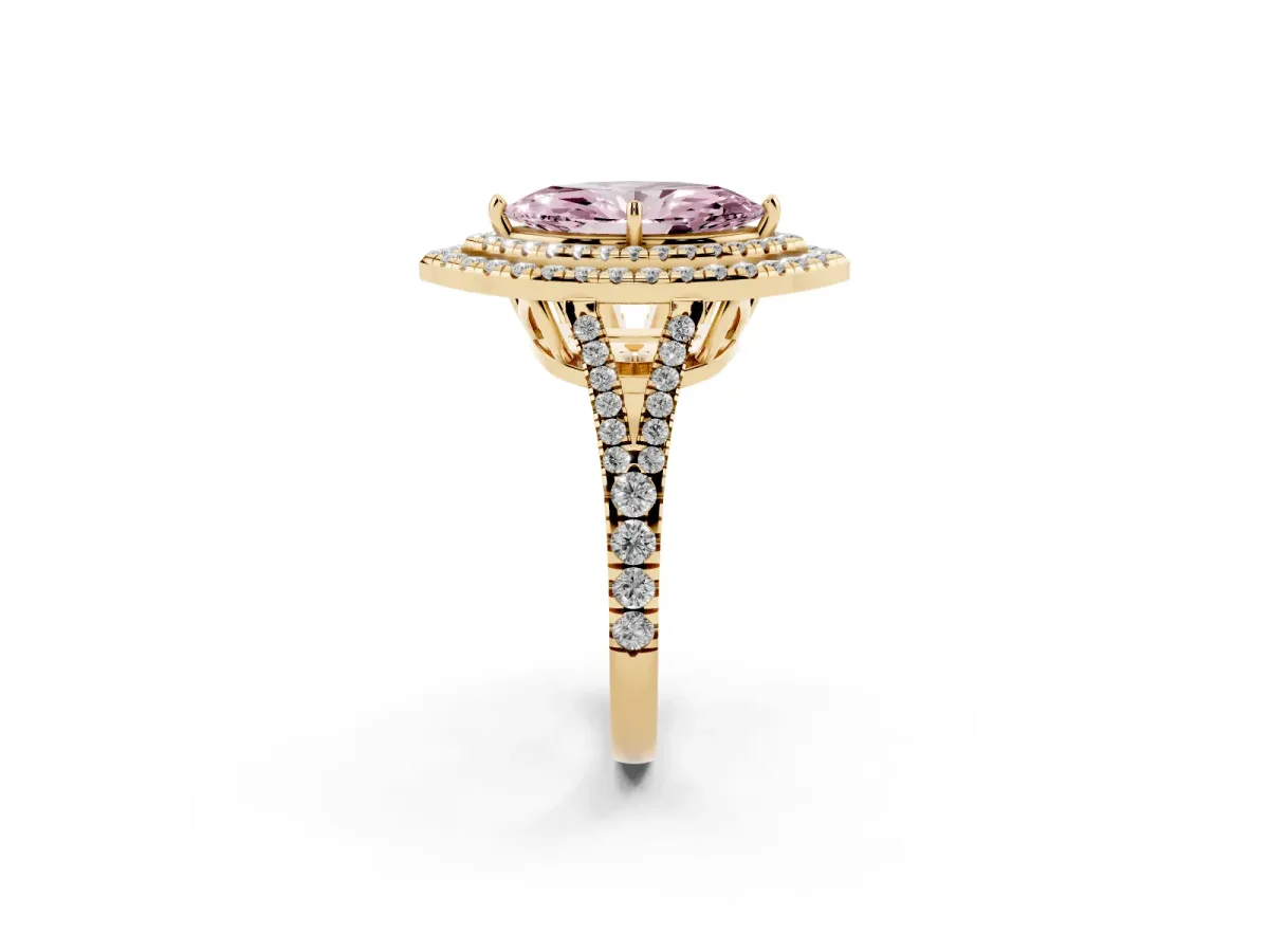 Fancy Pink Marquise Cut Diamond Double Halo Ring with Pavé Band and Prong Setting Yellow gold