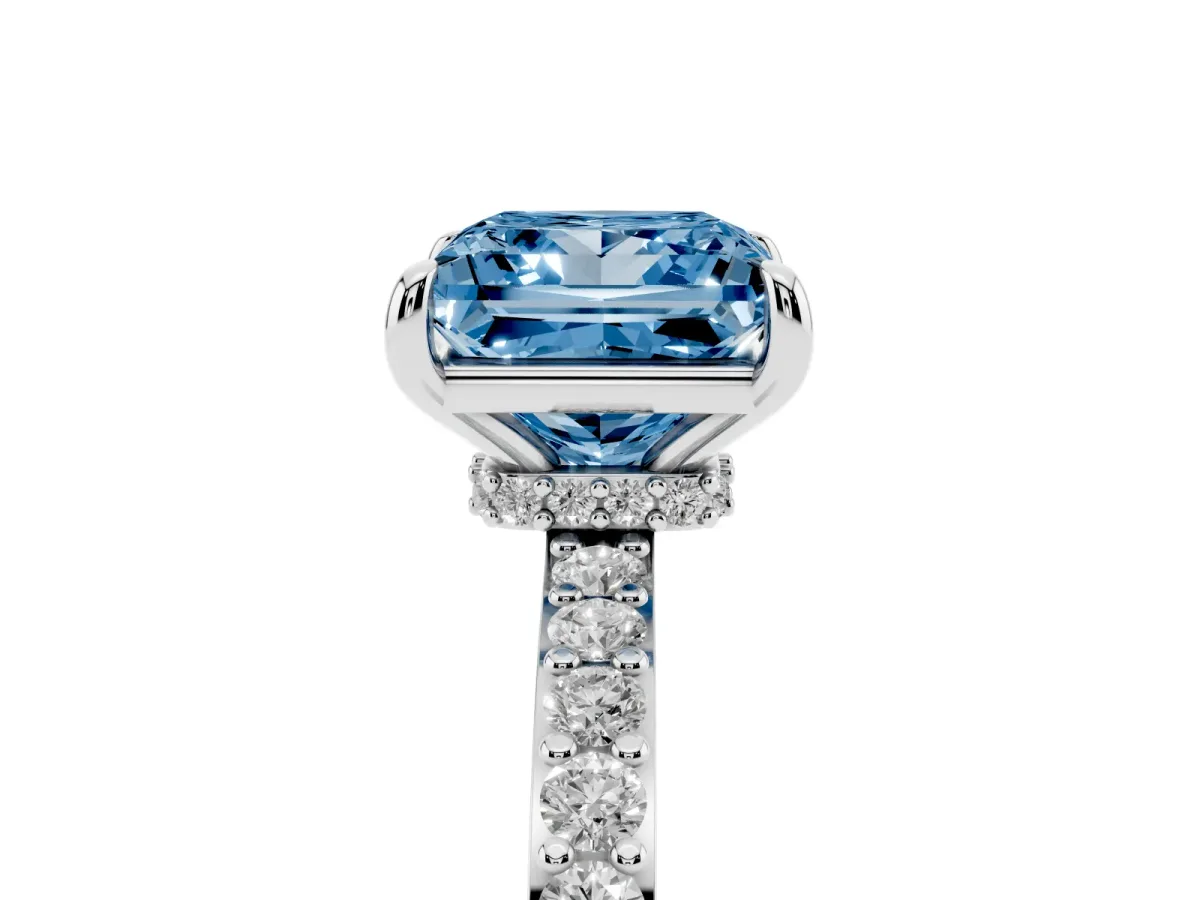 Fancy Blue Princess Cut Diamond Pavé Engagement Ring with Round Accents and Prong Setting Platinum