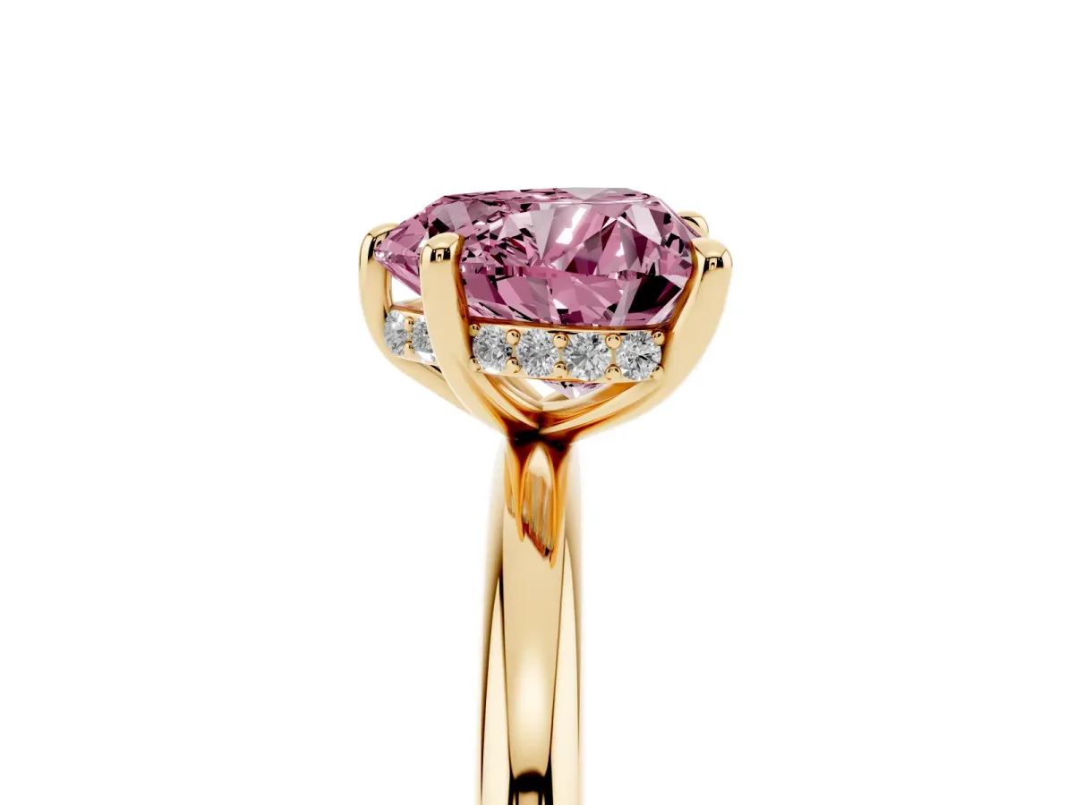Fancy Pink Heart Cut Diamond Solitaire Ring with Thin Band and Four-Prong Setting Yellow gold