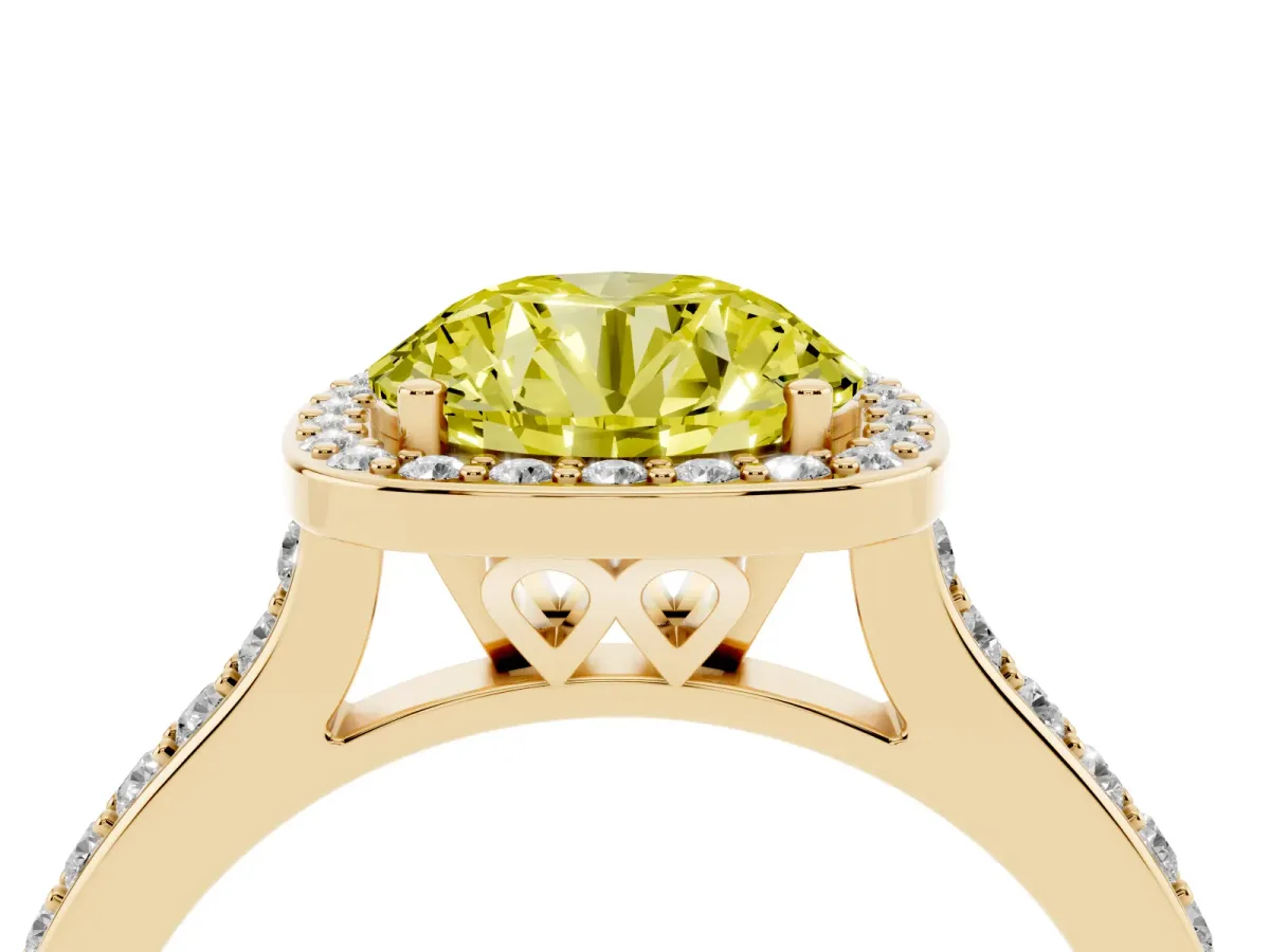 Fancy Yellow Round Cut Diamond Halo Engagement Ring with Round Pavé Shoulders and Prong Setting Yellow gold