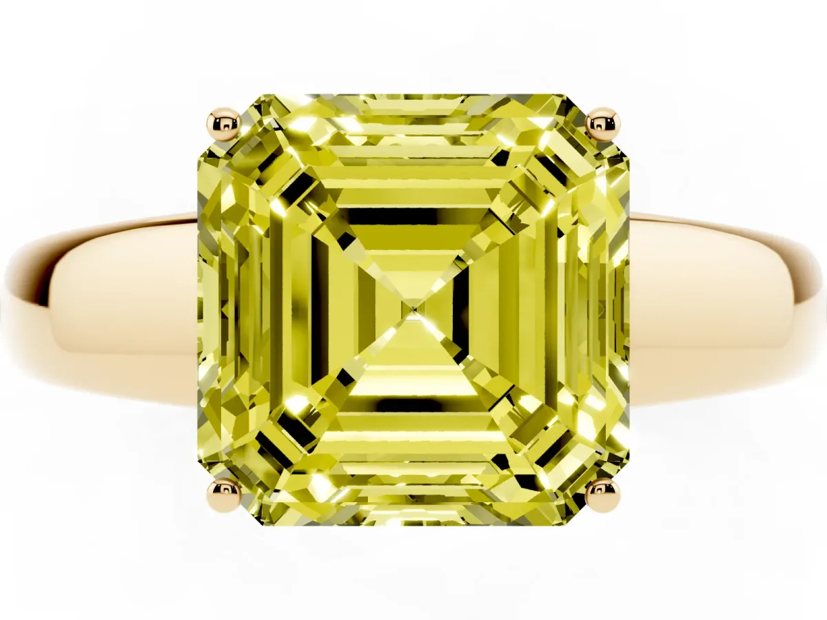 Fancy Yellow Asscher Cut Solitaire Diamond Ring with Tapered Band and Four-Prong Setting Yellow gold