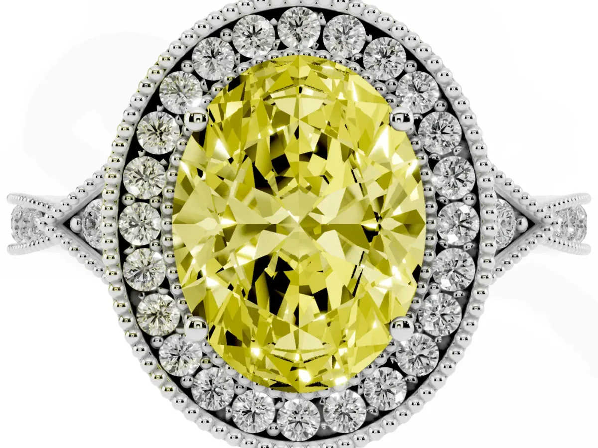 Fancy Yellow Oval Cut Halo Round Diamond Milgrain Pave Engagement Ring Platinum