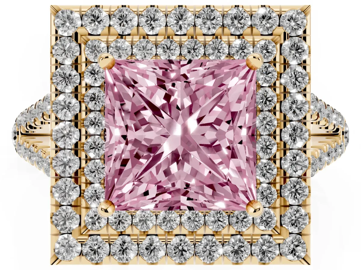 Fancy Pink Princess Cut Diamond Double Halo Ring with Pavé Band and Prong Setting Yellow gold