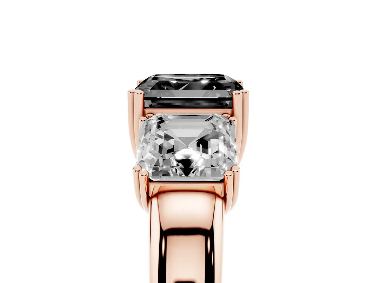 Fancy Black Three-Stone Asscher Cut Cut Diamond Ring with Channel Set Band and Four-Prong Setting Rose gold