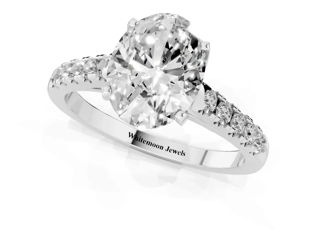 Oval Cut Diamond Pavé Band Solitaire Ring with Prong Setting Silver