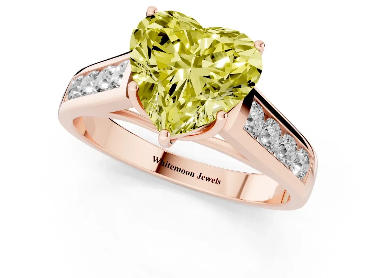 Fancy Yellow Heart Cut Brilliant Channel-Set Solitaire Ring with Four-Prong Setting Rose gold