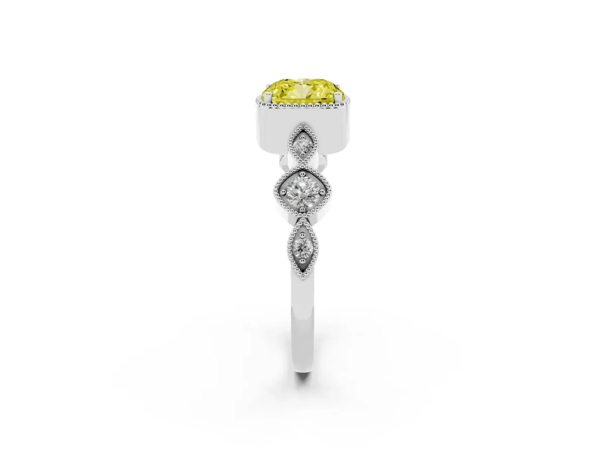 Fancy Yellow Cushion Cut Diamond Vintage Milgrain Ring with Round Stations Silver