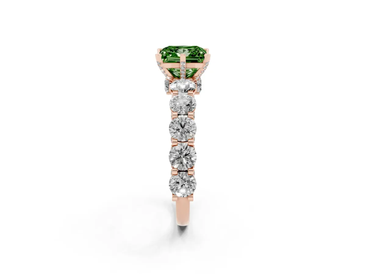 Fancy Green Princess Cut Diamond Side Stone Engagement Ring with Four-Prong Setting Rose gold