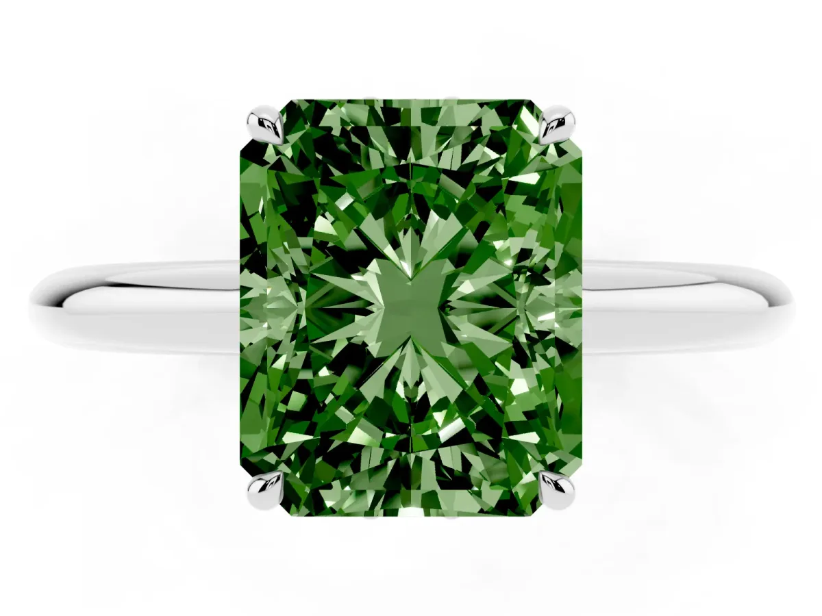 Fancy Green Radiant Cut Brilliant Solitaire Engagement Ring with Six-Prong Setting and Classic Band Silver