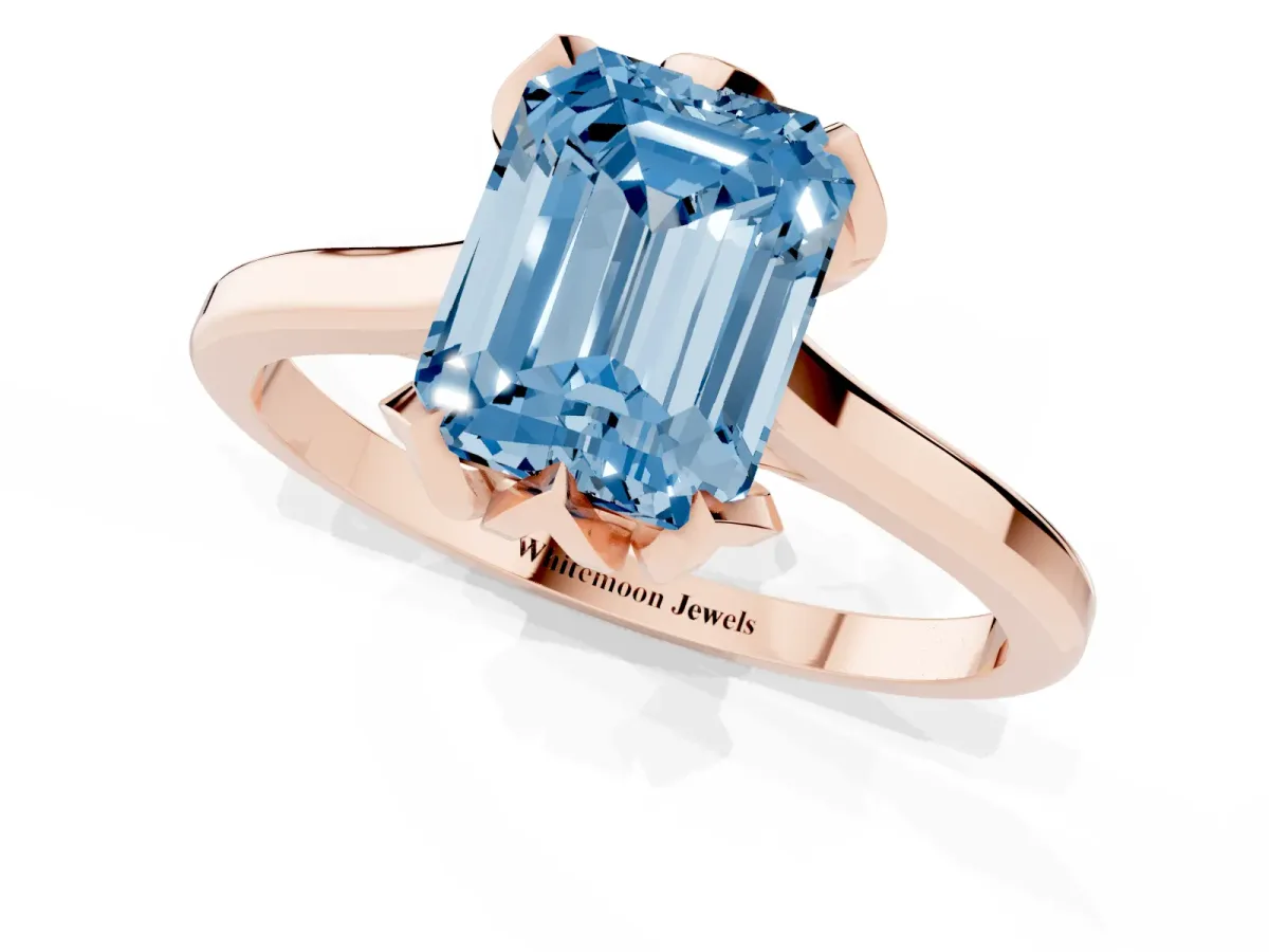 Fancy Blue Emerald Cut Diamond Solitaire Ring with Flower Prong Setting and Classic Band Rose gold