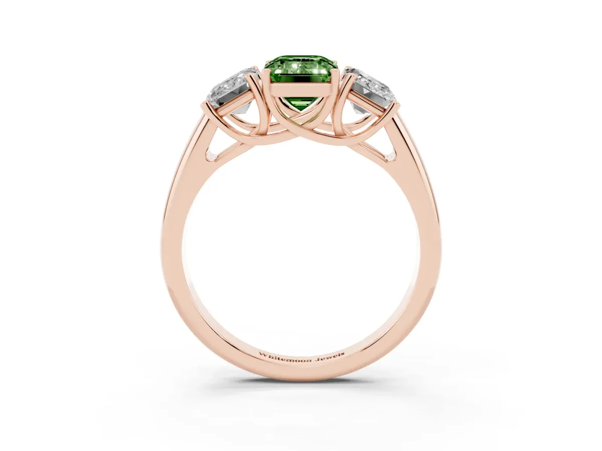 Fancy Green Three-Stone Emerald Cut Diamond Engagement Ring with Prong Setting Rose gold
