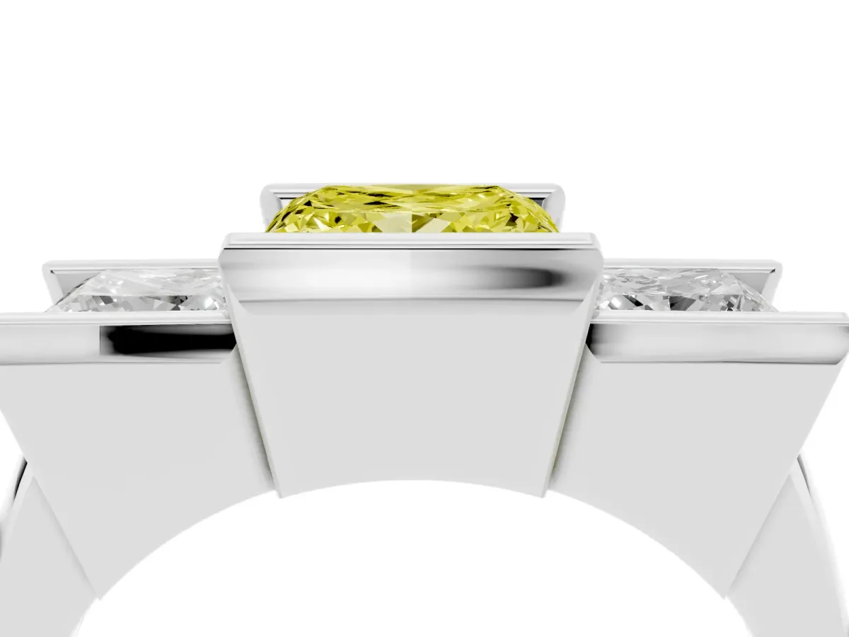 Fancy Yellow Three Stone Princess Cut Cut Channel Set Diamond Ring Silver