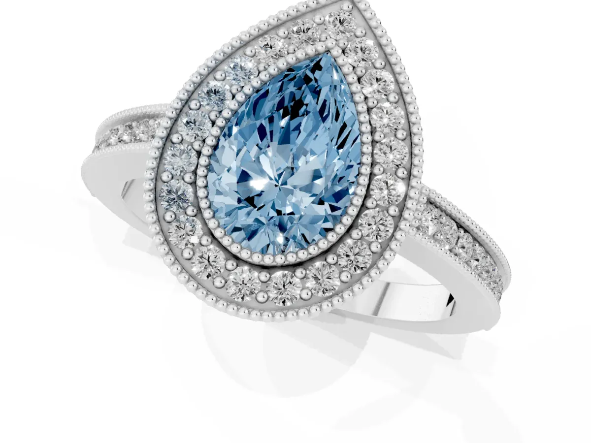 Fancy Blue Pear Cut Cut Halo Diamond Ring with Pavé Band and Milgrain Prong Setting Silver