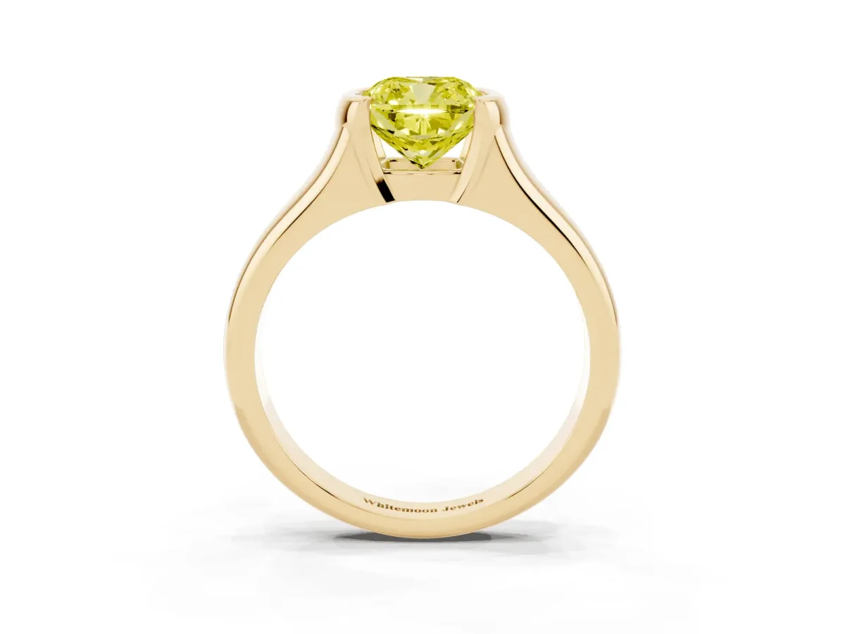 Fancy Yellow Cushion Cut Solitaire Tension Set Diamond Ring with Split Shank Band Yellow gold