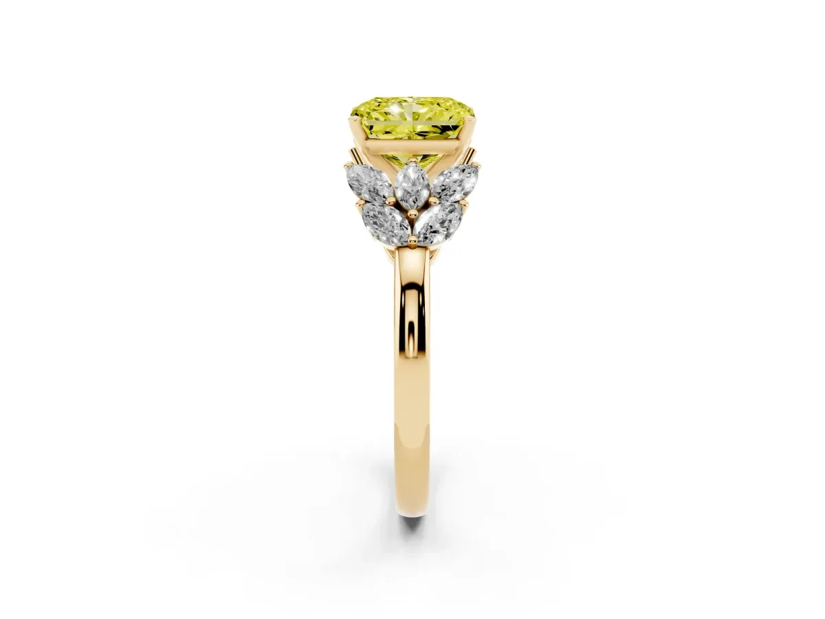 Fancy Yellow Radiant Cut Diamond Cluster Leaf Design Ring with Prong Setting Yellow gold