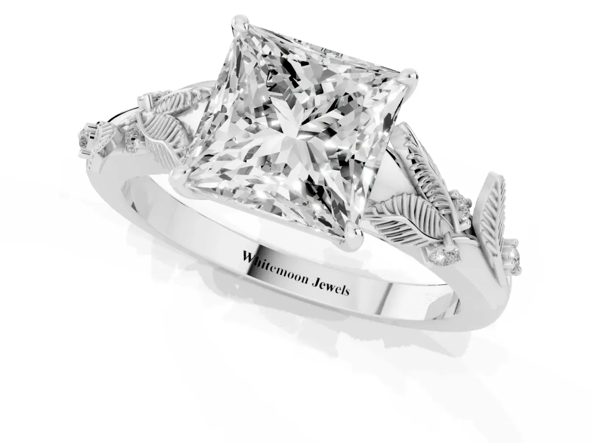 Princess Cut Diamond Solitaire Ring with Leaf Motif Band and Four-Prong Setting Silver
