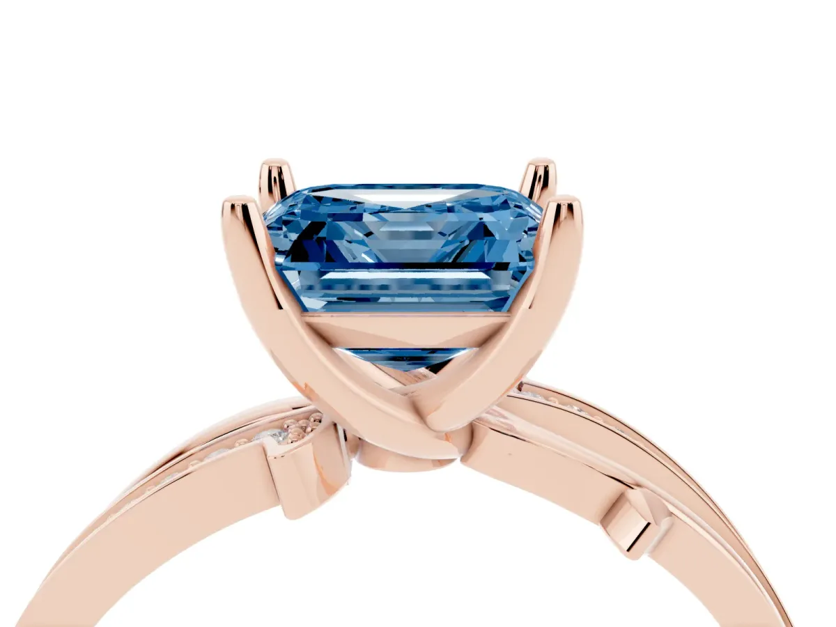 Fancy Blue Asscher Cut Solitaire Twist Band with Pavé Accents and Four-Prong Setting Rose gold