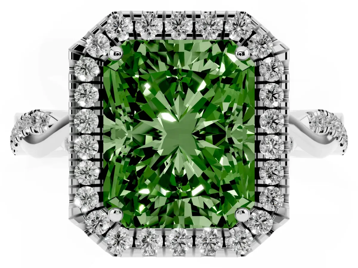 Fancy Green Radiant Cut Halo Twist Band Solitaire Ring Silver