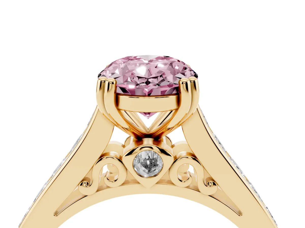 Fancy Pink Oval Cut Cut Channel Set Solitaire Engagement Ring with Prong Setting Yellow gold