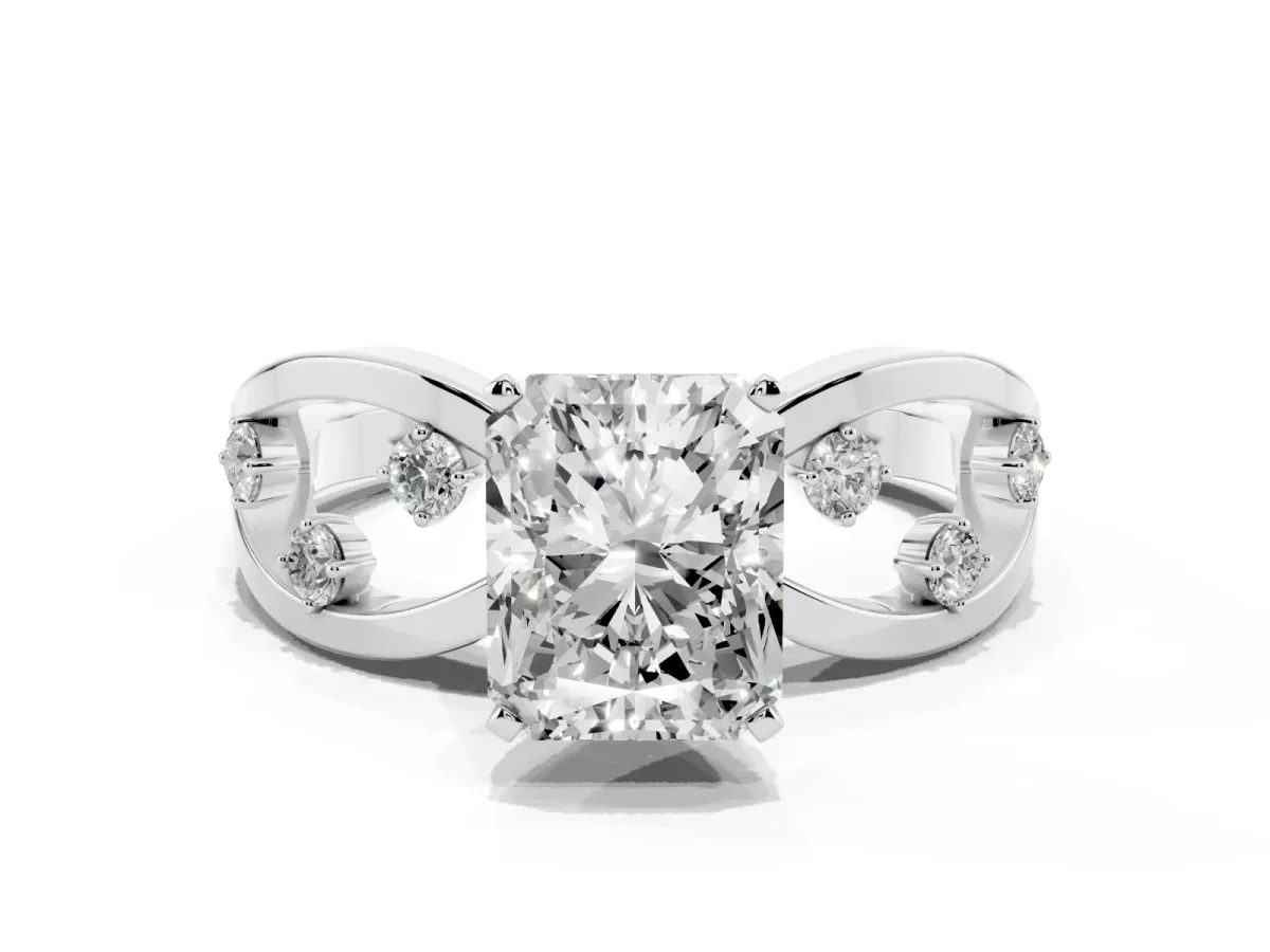 Radiant Cut Cut Solitaire Diamond with Side Stones on Criss-Cross Band and Four-Prong Setting Platinum