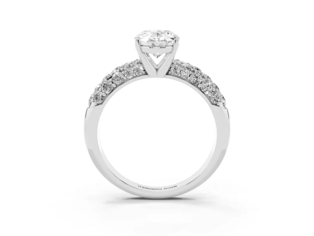 Oval Cut Diamond Pavé Band Solitaire Ring with Four-Prong Setting Silver