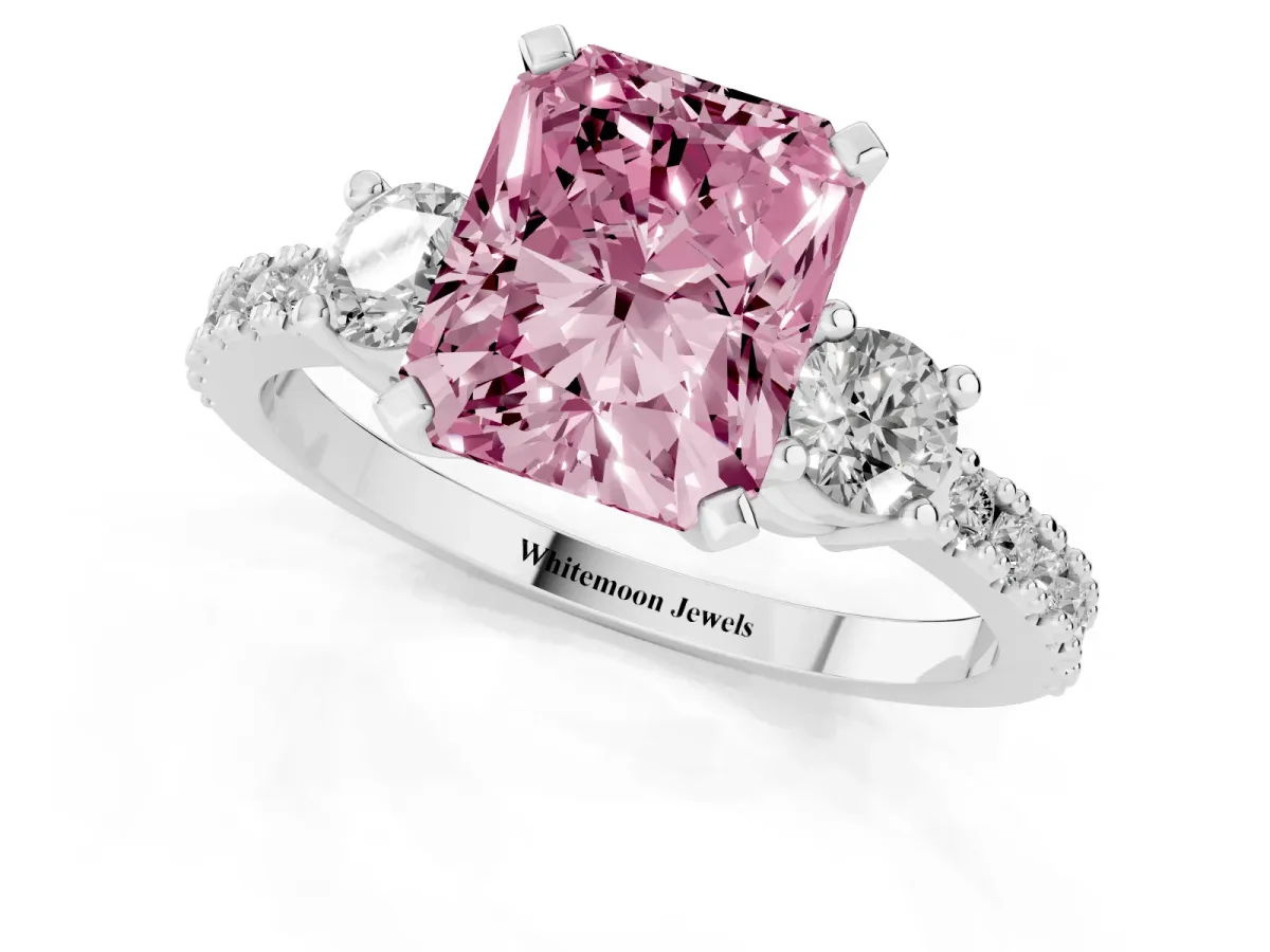 Fancy Pink Radiant Cut Three-Stone Diamond Pavé Band with Prong Setting Platinum