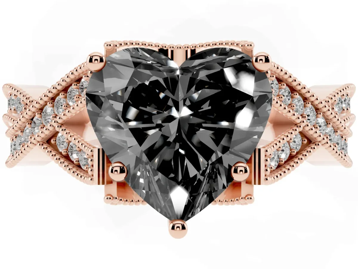 Fancy Black Heart Cut Cut Diamond Twisted Band with Milgrain Pave Setting and Four-Prong Setting Rose gold