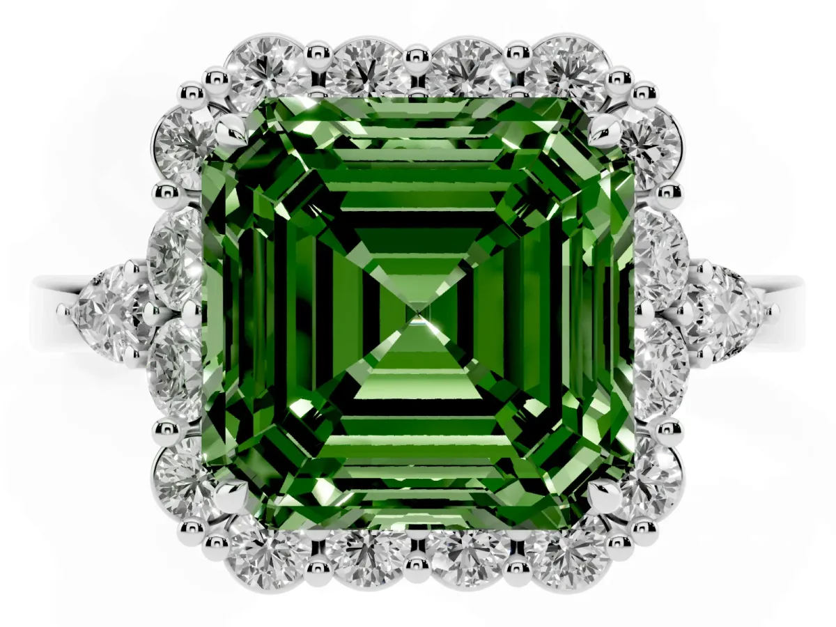 Fancy Green Asscher Cut Diamond Halo Ring with Pear Side Stones and Prong Setting Silver