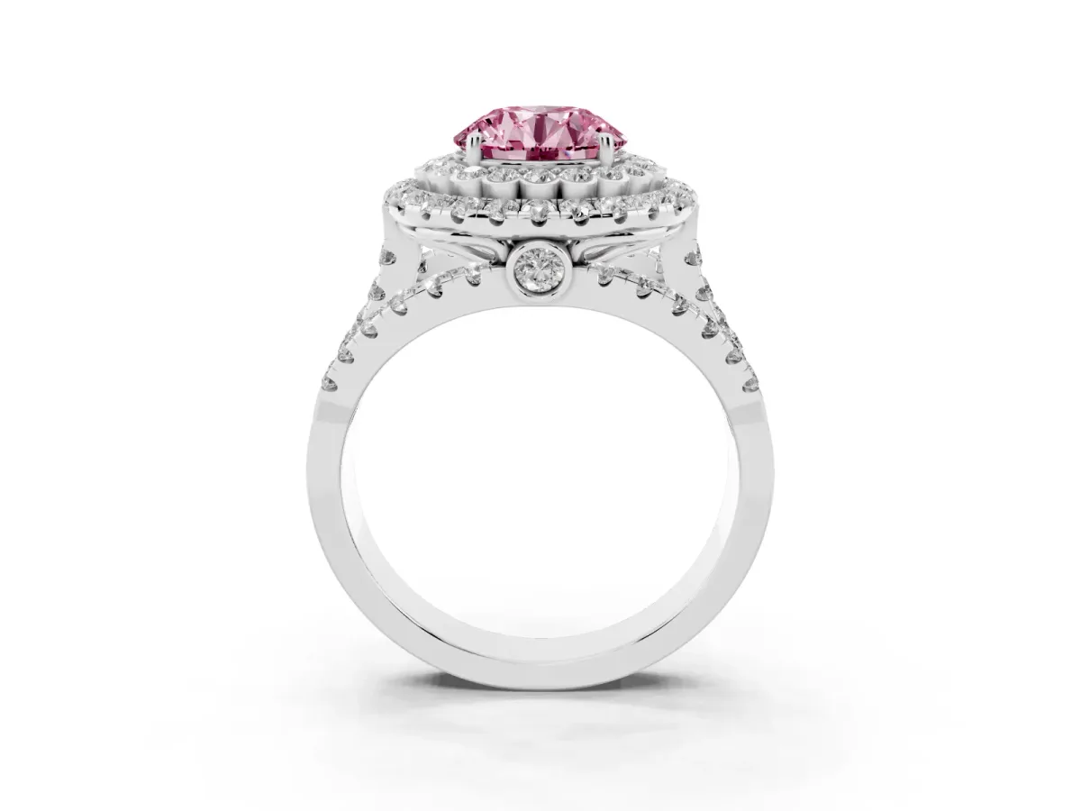 Fancy Pink Round Cut Diamond Double Halo Ring with Round Pavé Split Shank and Prong Setting Silver