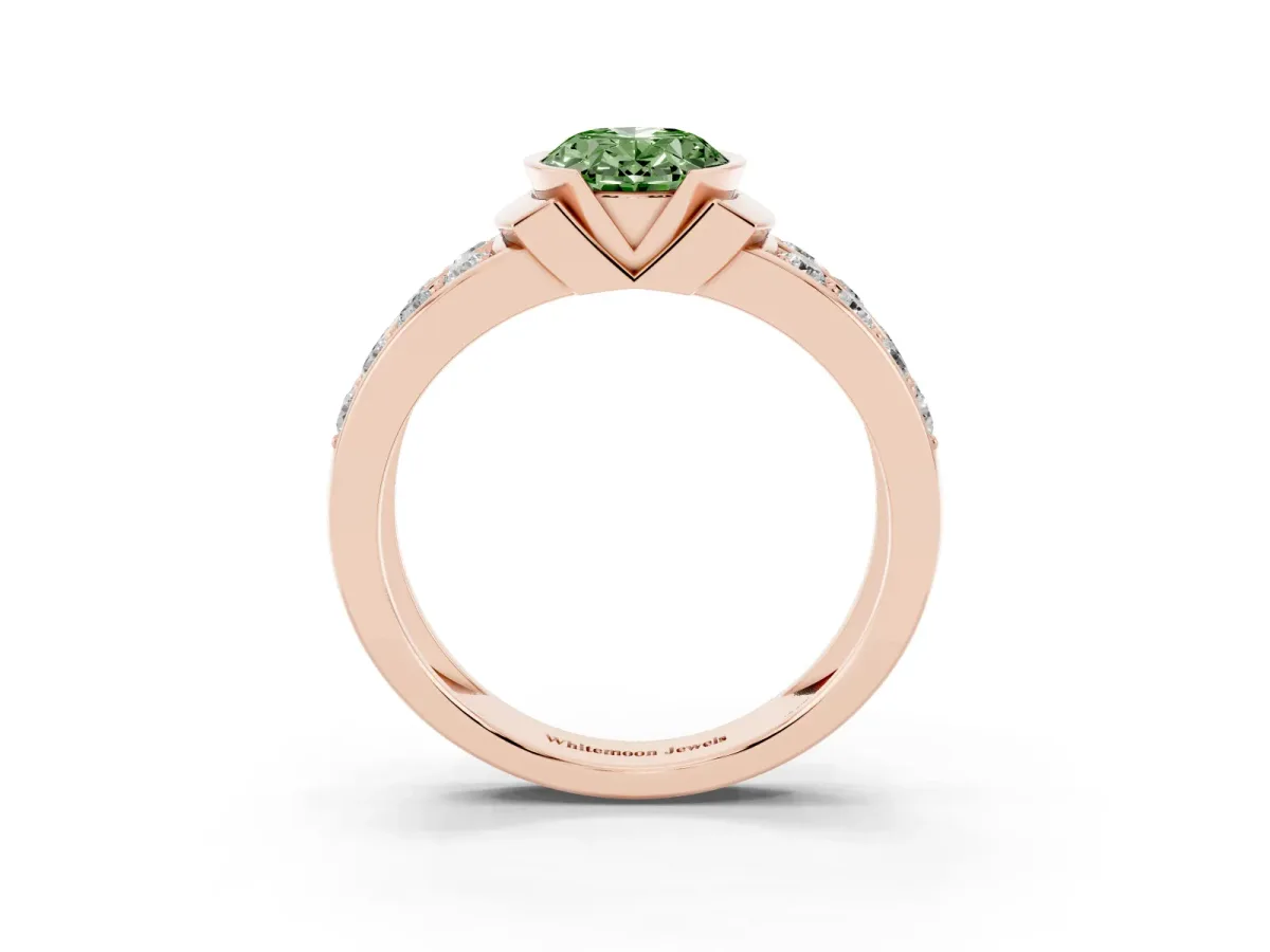 Fancy Green Oval Cut Brilliant Diamond Channel Set Wide Band Ring with Bezel Setting Rose gold