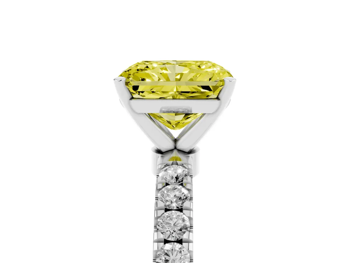 Fancy Yellow Radiant Cut Diamond Solitaire Ring with Pavé Accents and Four-Prong Setting Platinum