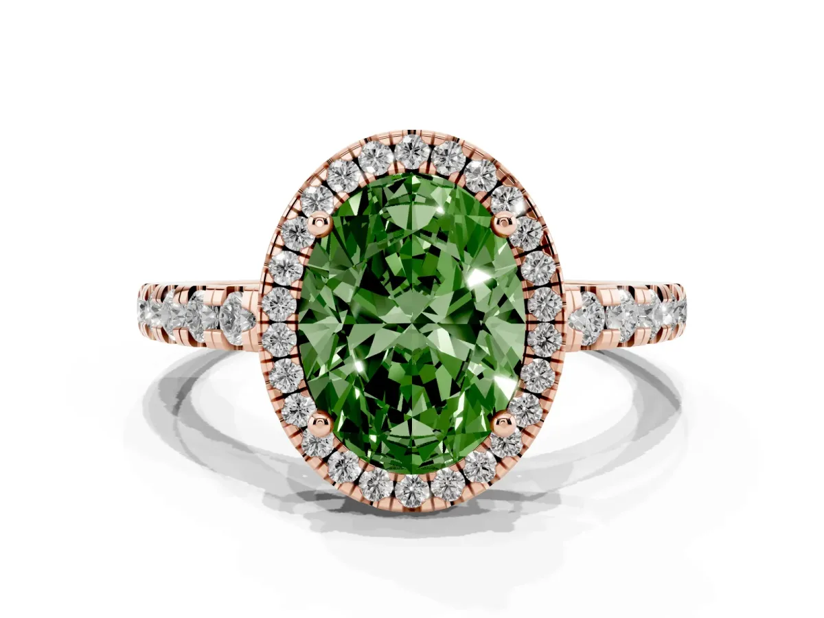 Fancy Green Oval Cut Diamond Halo Ring with Pavé Band and Four-Prong Setting Rose gold