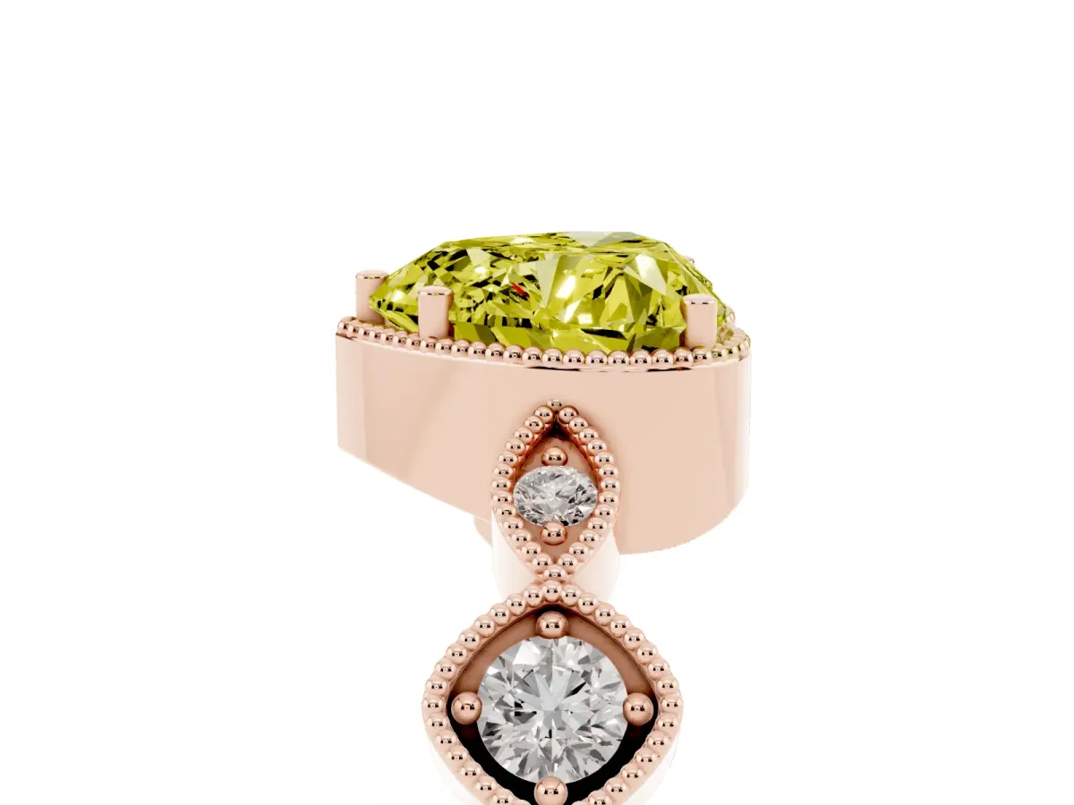 Fancy Yellow Heart Cut Diamond Vintage Milgrain Ring with Round Stations Rose gold