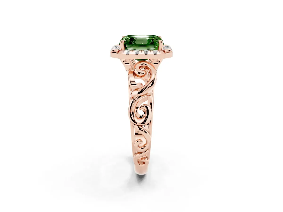Fancy Green Asscher Cut Cut Halo Diamond Ring with Scrollwork Band and Four-Prong Setting Rose gold