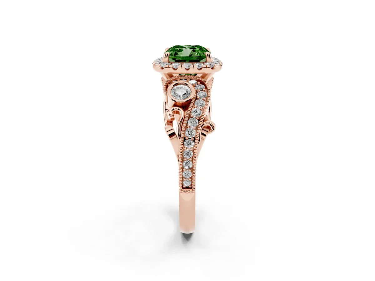 Fancy Green Cushion Cut Halo Diamond Ring with Milgrain and Bezel Accents on a Split Shank Band Rose gold