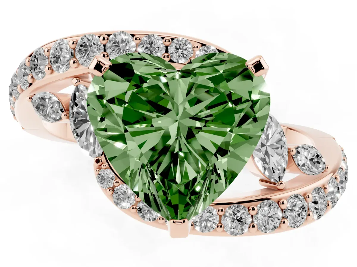 Fancy Green Heart Cut Solitaire with Pavé Twist Band and Four-Prong Setting Rose gold