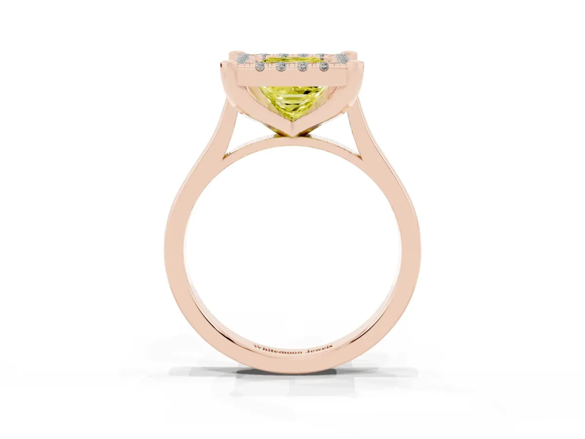 Fancy Yellow Princess Cut Diamond Cluster Halo Solitaire with Four-Prong Setting Rose gold