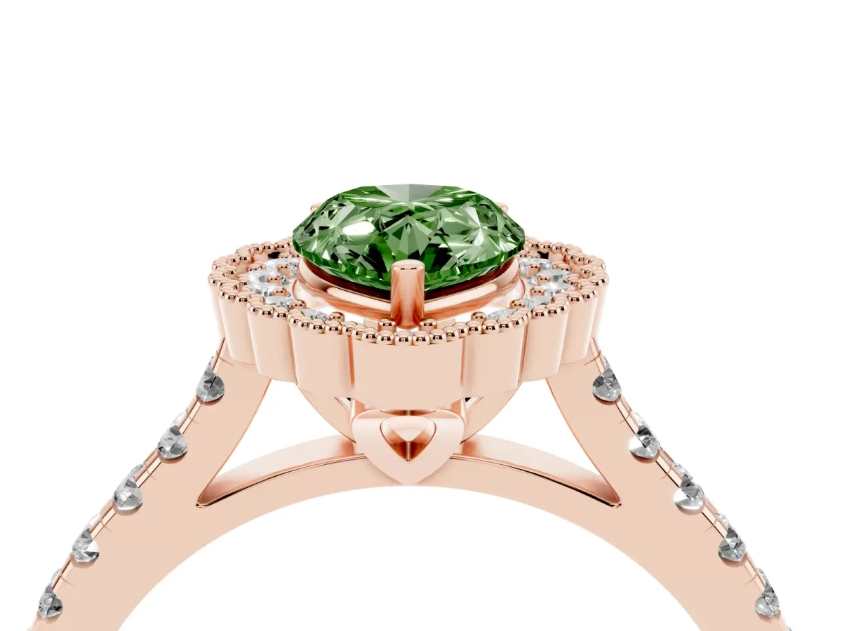 Fancy Green Pear Cut Cut Diamond Milgrain Floral Halo Engagement Ring with Pavé Band Rose gold