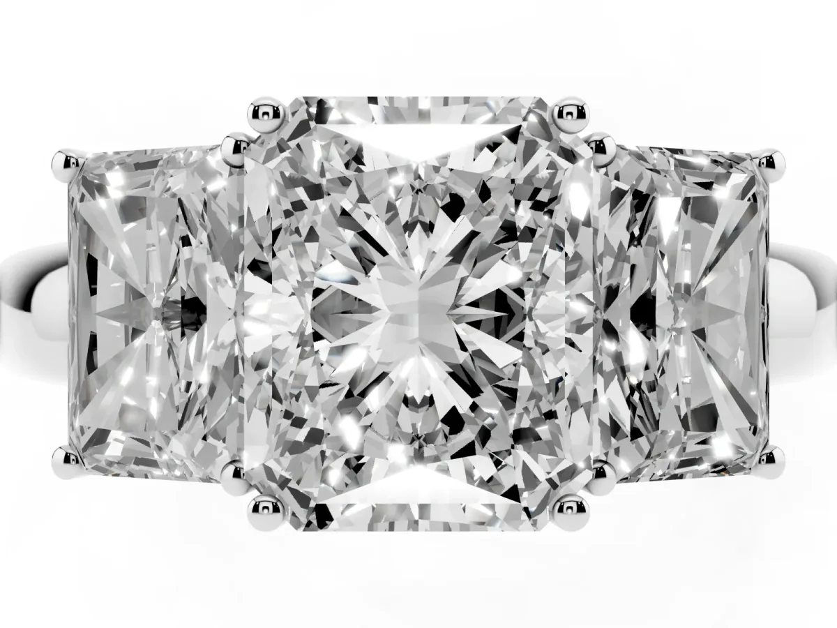 Radiant Cut Diamond Three-Stone Ring with Four-Prong Setting and Classic Band Silver