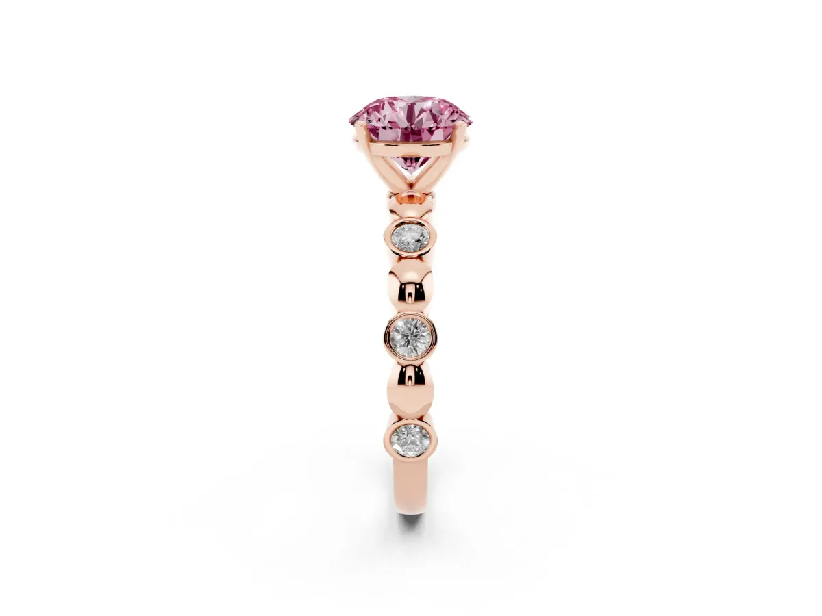 Fancy Pink Round Cut Solitaire Bezel-Set Diamond Ring with Beaded Band and Four-Prong Setting Rose gold