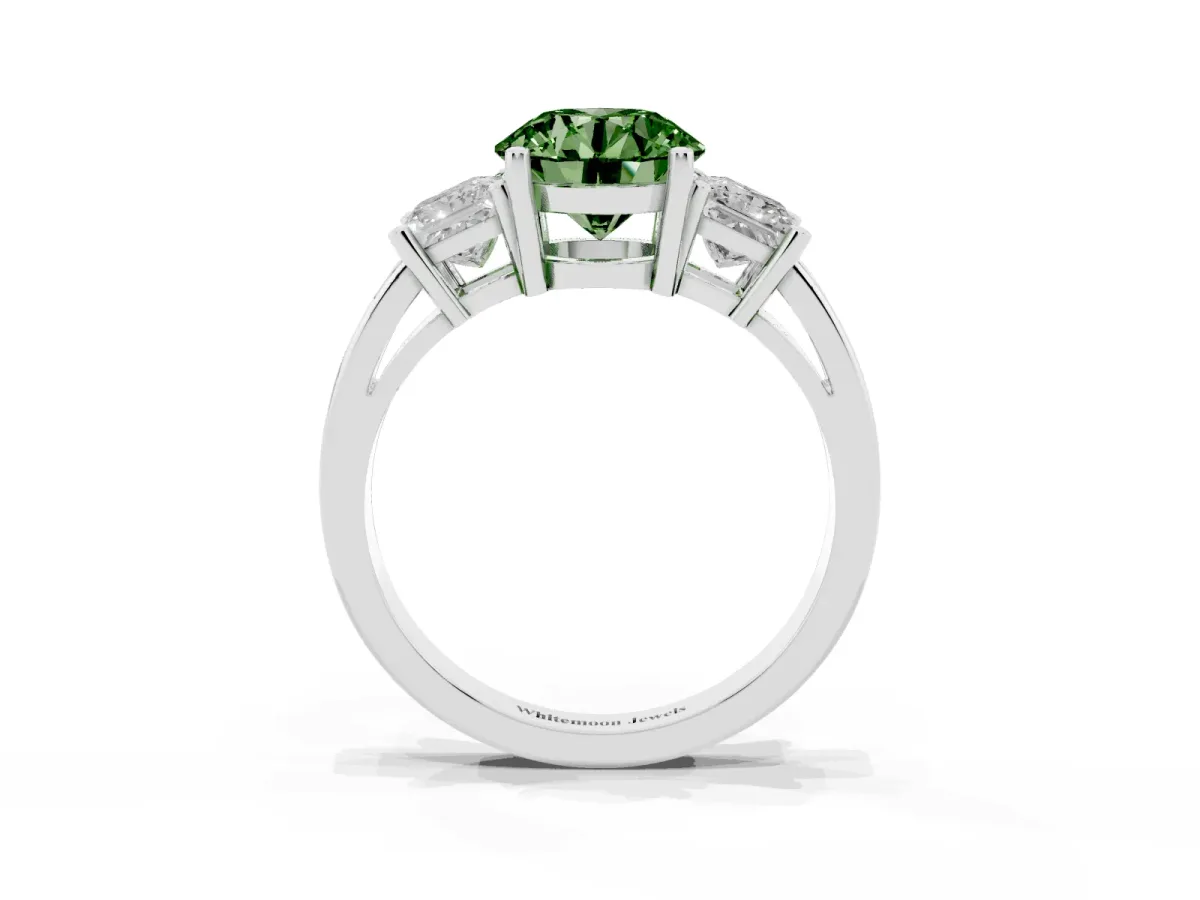 Fancy Green Three-Stone Round Cut Cut Solitaire Ring with Prong Setting Platinum