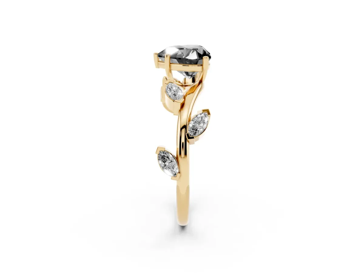 Fancy Black Heart Cut Solitaire Twisted Band Marquise Accent Prong Setting Ring Yellow gold