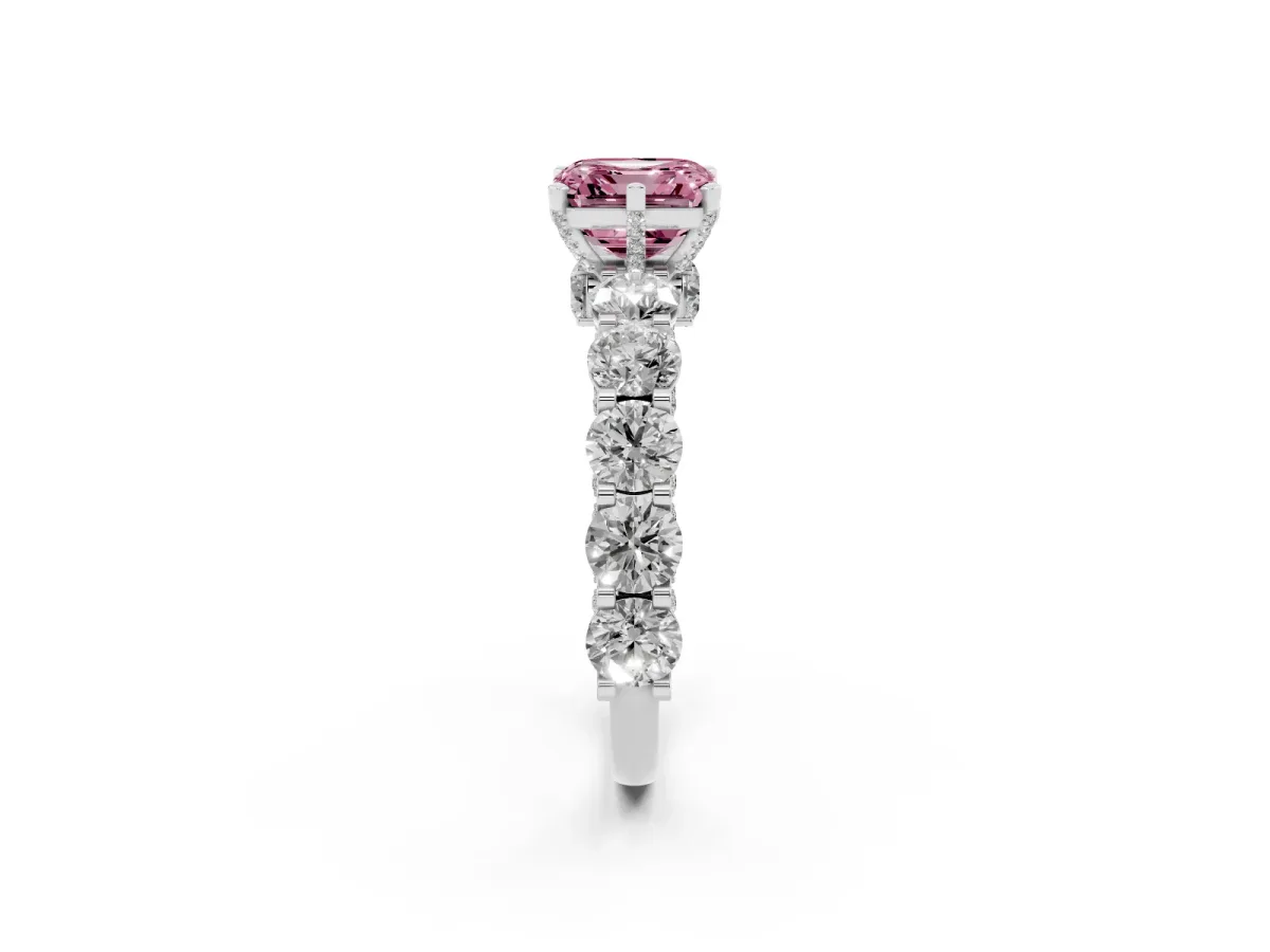 Fancy Pink Asscher Cut Diamond Side Stone Engagement Ring with Four-Prong Setting Platinum