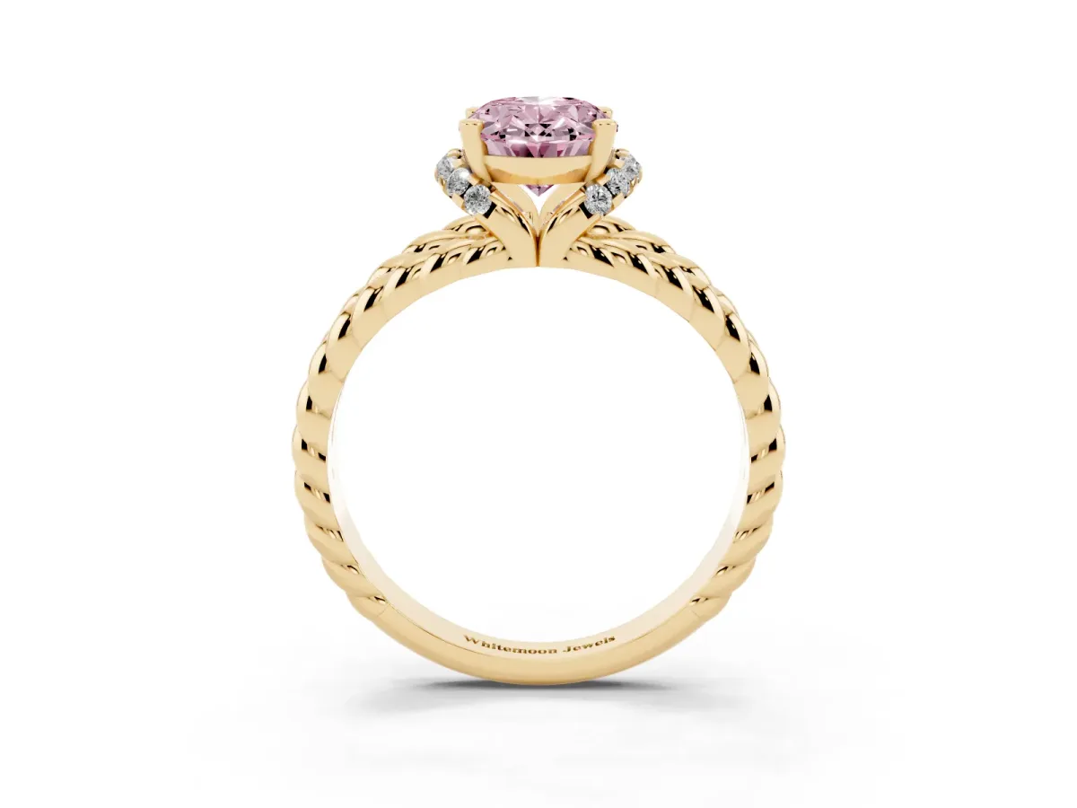 Fancy Pink Oval Cut Halo Twisted Band Four-Prong Ring Yellow gold