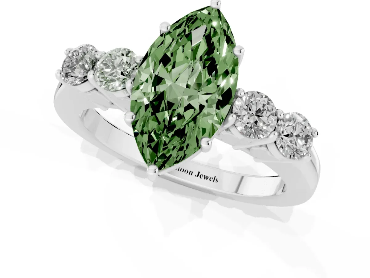 Fancy Green Marquise Cut Cut Diamond Five-Stone Prong Set White Gold Ring Silver