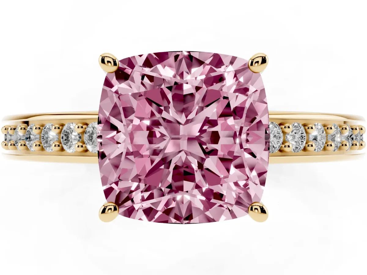 Fancy Pink Cushion Cut Solitaire Pavé Band Prong Setting Ring Yellow gold