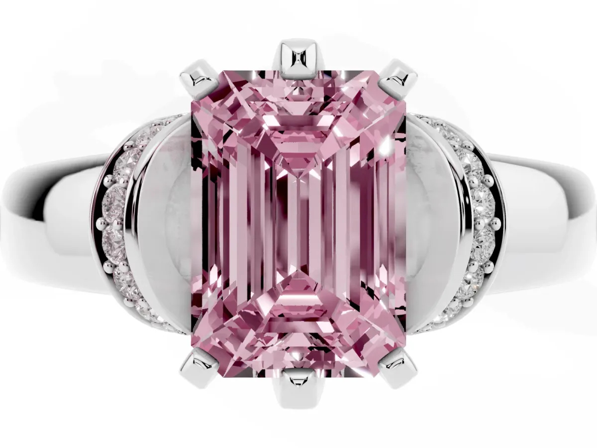 Fancy Pink Emerald Cut Solitaire Diamond Ring with Pave Band and Six-Prong Setting Silver
