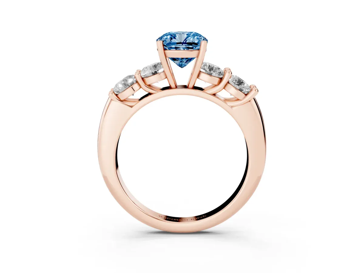 Fancy Blue Cushion Cut Cut Five-Stone Prong Set Diamond Ring with Classic Band Rose gold