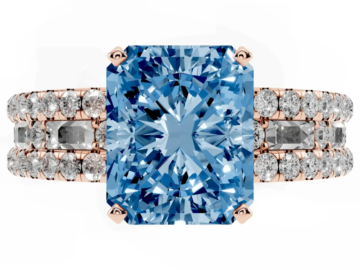 Fancy Blue Radiant Cut Diamond Solitaire Ring with Pavé and Channel Set Band Rose gold