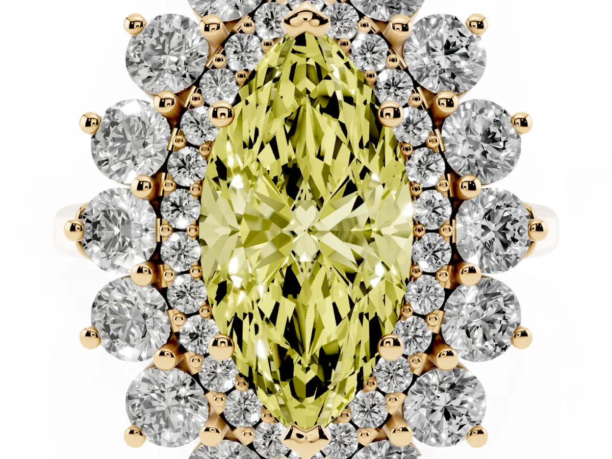 Fancy Yellow Marquise Cut Diamond Floral Double Halo Engagement Ring with Prong Setting Yellow gold